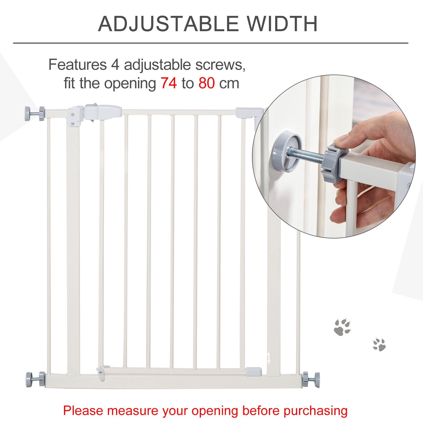 PawHut Dog Gate Adjustable Safety Gate Metal Pet Barrier w/ Auto - Close Door Double Locking Easy - Open Doors Stairs Home 74 - 80cm Wide, White - Baig Merchant