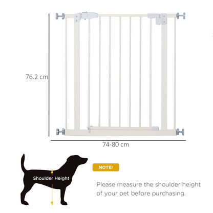 PawHut Dog Gate Adjustable Safety Gate Metal Pet Barrier w/ Auto - Close Door Double Locking Easy - Open Doors Stairs Home 74 - 80cm Wide, White - Baig Merchant