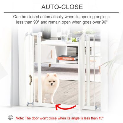 PawHut Dog Gate Adjustable Safety Gate Metal Pet Barrier w/ Auto - Close Door Double Locking Easy - Open Doors Stairs Home 74 - 80cm Wide, White - Baig Merchant