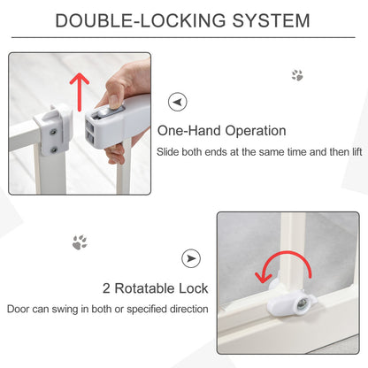 PawHut Dog Gate Adjustable Safety Gate Metal Pet Barrier w/ Auto - Close Door Double Locking Easy - Open Doors Stairs Home 74 - 80cm Wide, White - Baig Merchant