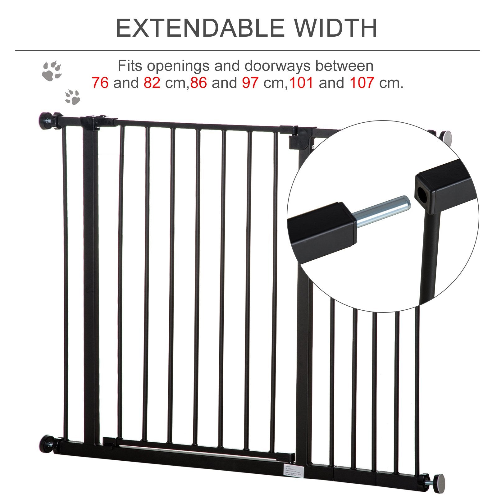 PawHut Dog Gate Pet Safety Gate Stair Barrier Pressure Fit Adjustable 76 - 82/86 - 97/101 - 107 cm, Black - Baig Merchant