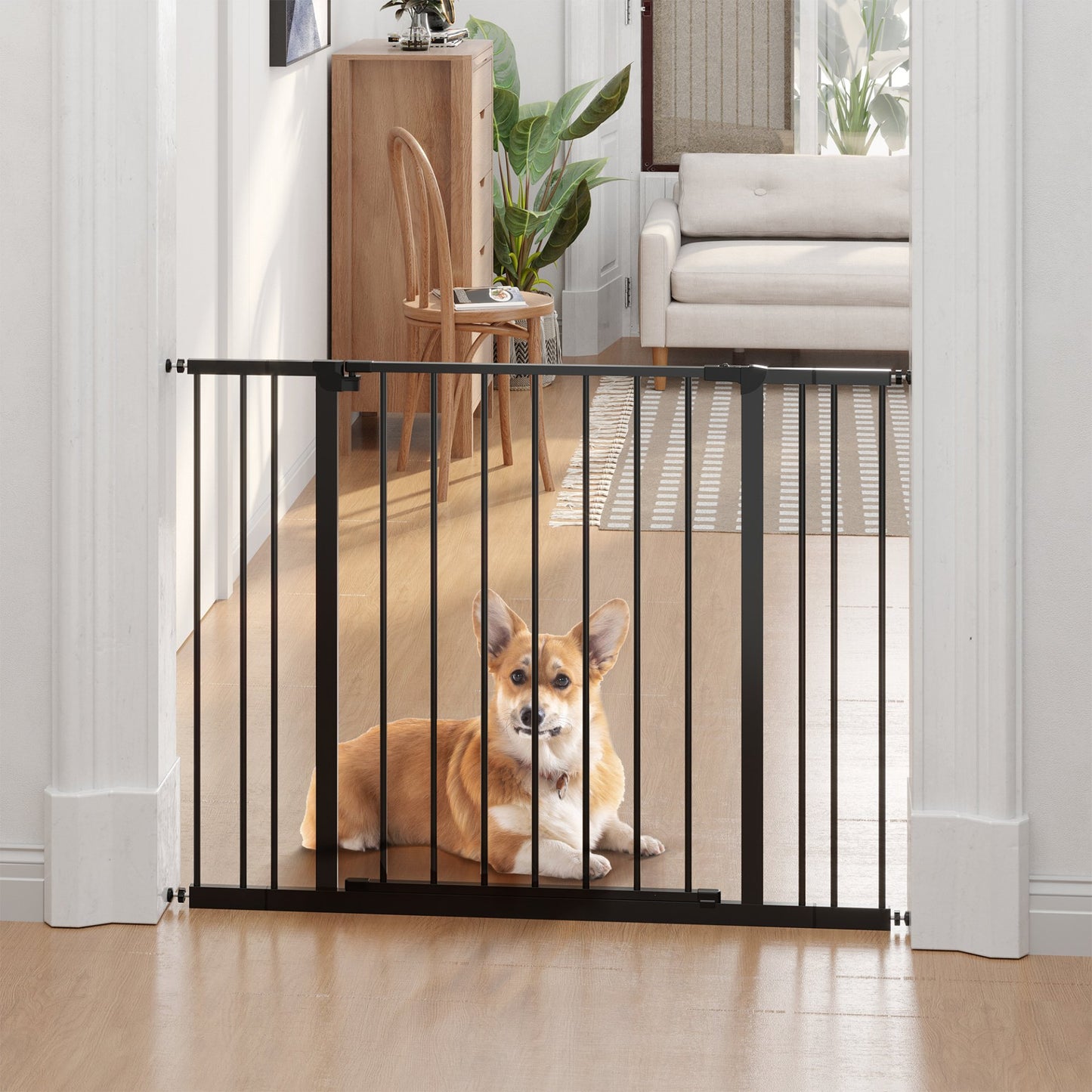 PawHut Dog Gate Pet Safety Gate Stair Barrier Pressure Fit Adjustable 76 - 82/86 - 97/101 - 107 cm, Black - Baig Merchant