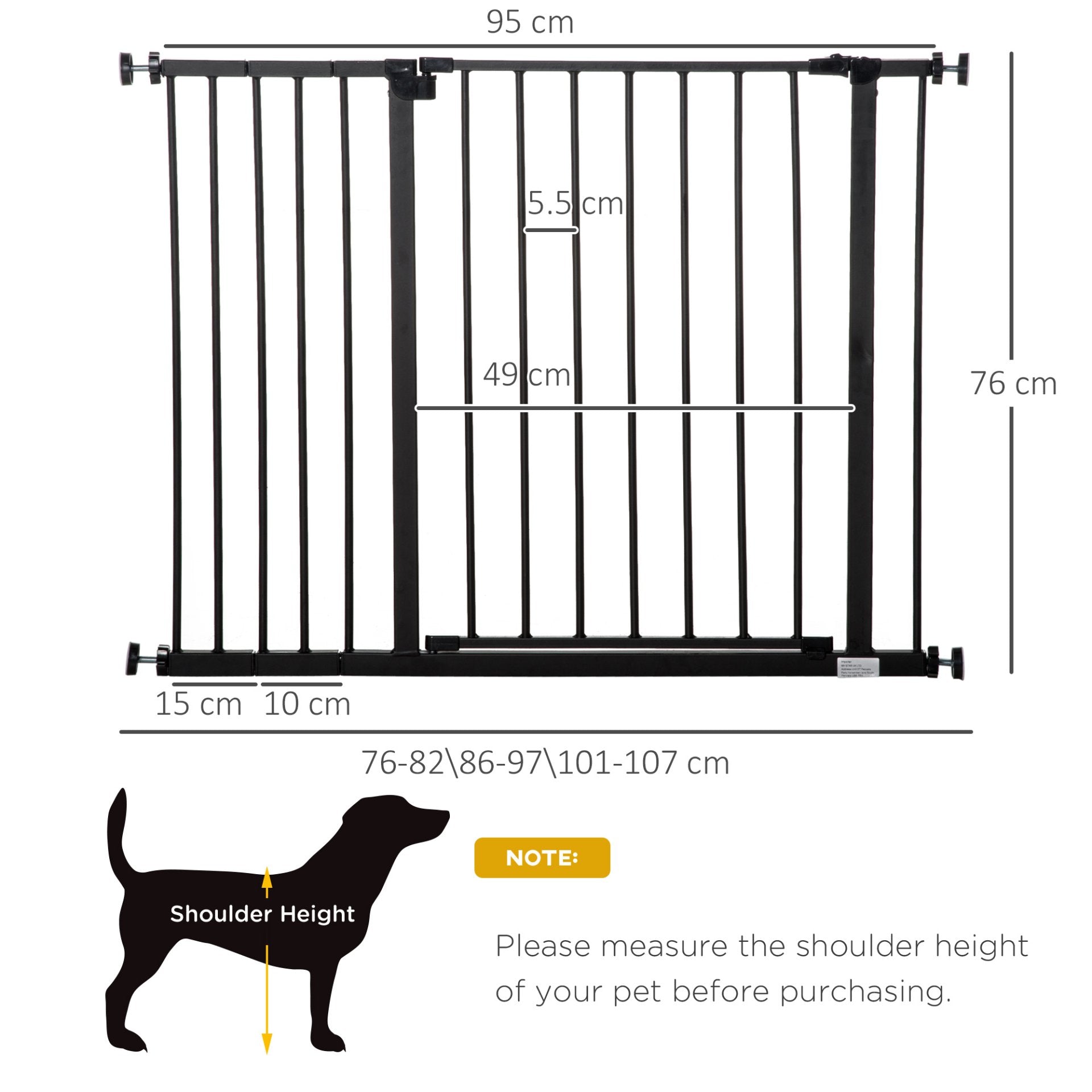 PawHut Dog Gate Pet Safety Gate Stair Barrier Pressure Fit Adjustable 76 - 82/86 - 97/101 - 107 cm, Black - Baig Merchant