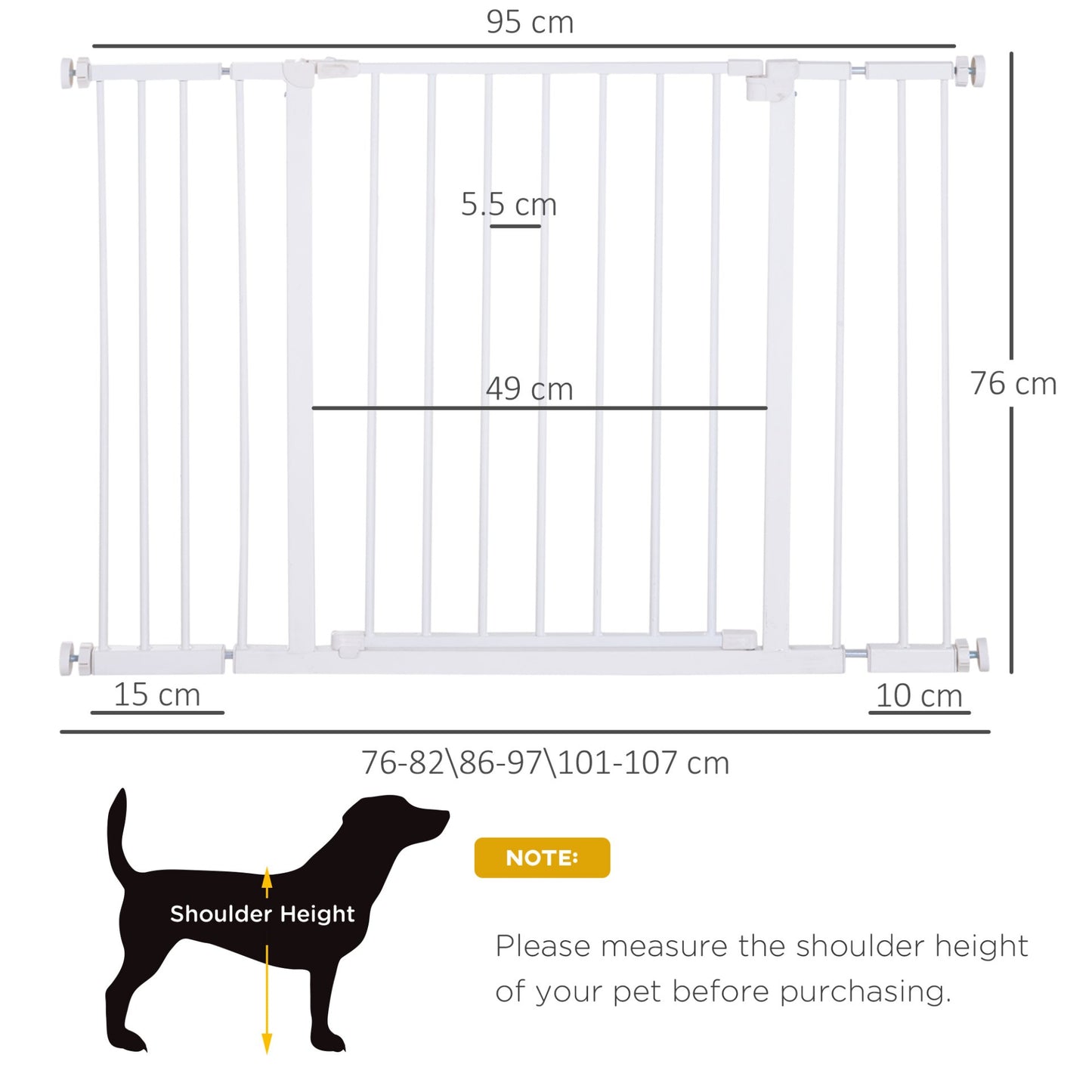 PawHut Dog Gate Pet Safety Gate Stair Barrier Pressure Fit Adjustable 76 - 82/86 - 97/101 - 107 cm, White - Baig Merchant