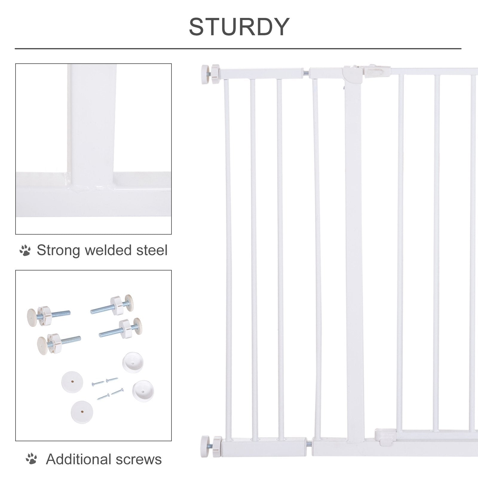 PawHut Dog Gate Pet Safety Gate Stair Barrier Pressure Fit Adjustable 76 - 82/86 - 97/101 - 107 cm, White - Baig Merchant