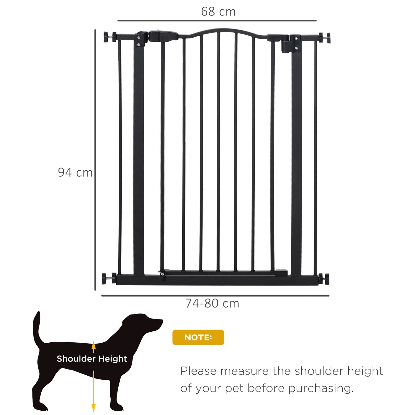 PawHut Dog Gate Pressure Fit Pet Tall Stairs Gate Safety Barrier Auto Close, 94cm Extra Tall, 74 - 80cm Wide, with Double Locking, Black - Baig Merchant