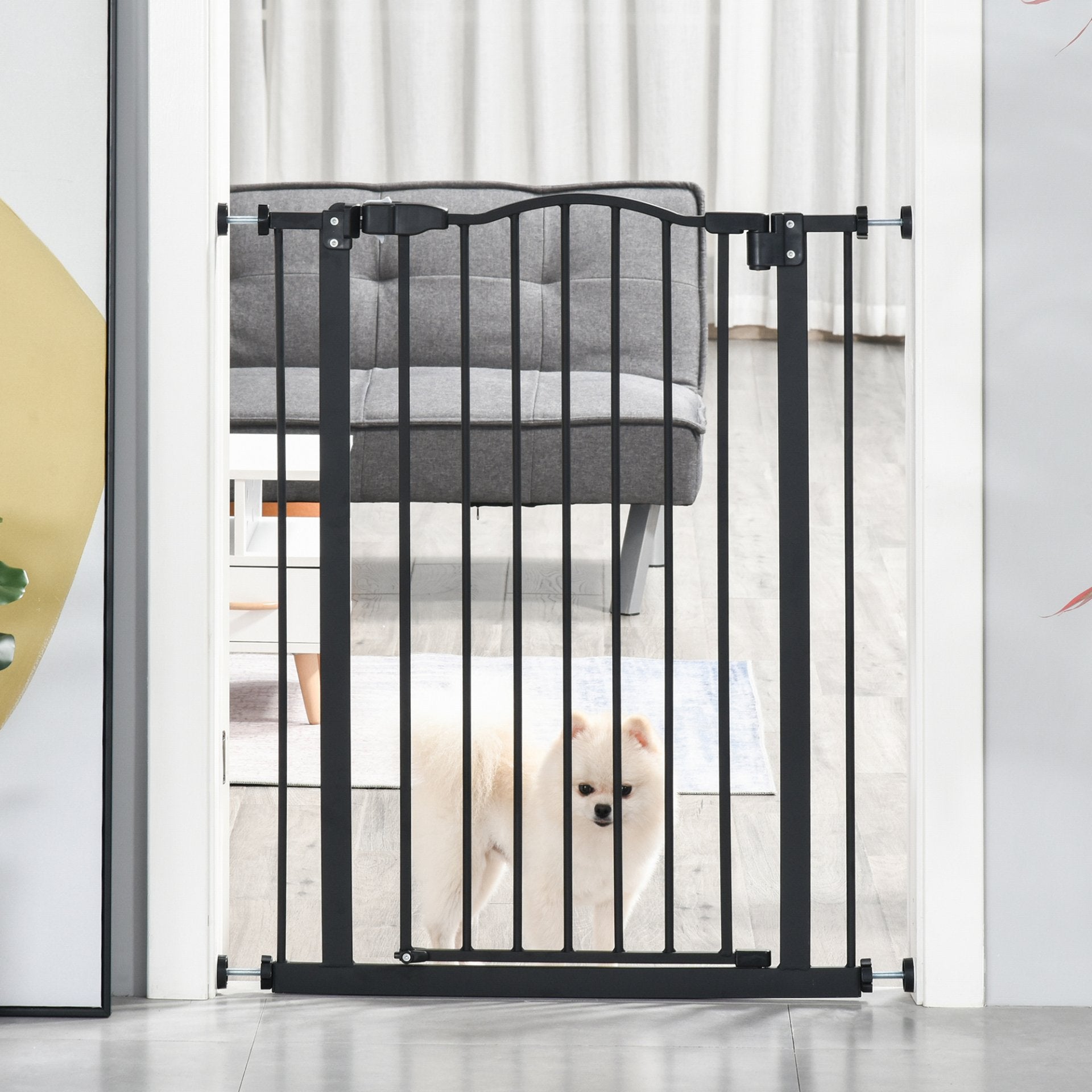 PawHut Dog Gate Pressure Fit Pet Tall Stairs Gate Safety Barrier Auto Close, 94cm Extra Tall, 74 - 80cm Wide, with Double Locking, Black - Baig Merchant