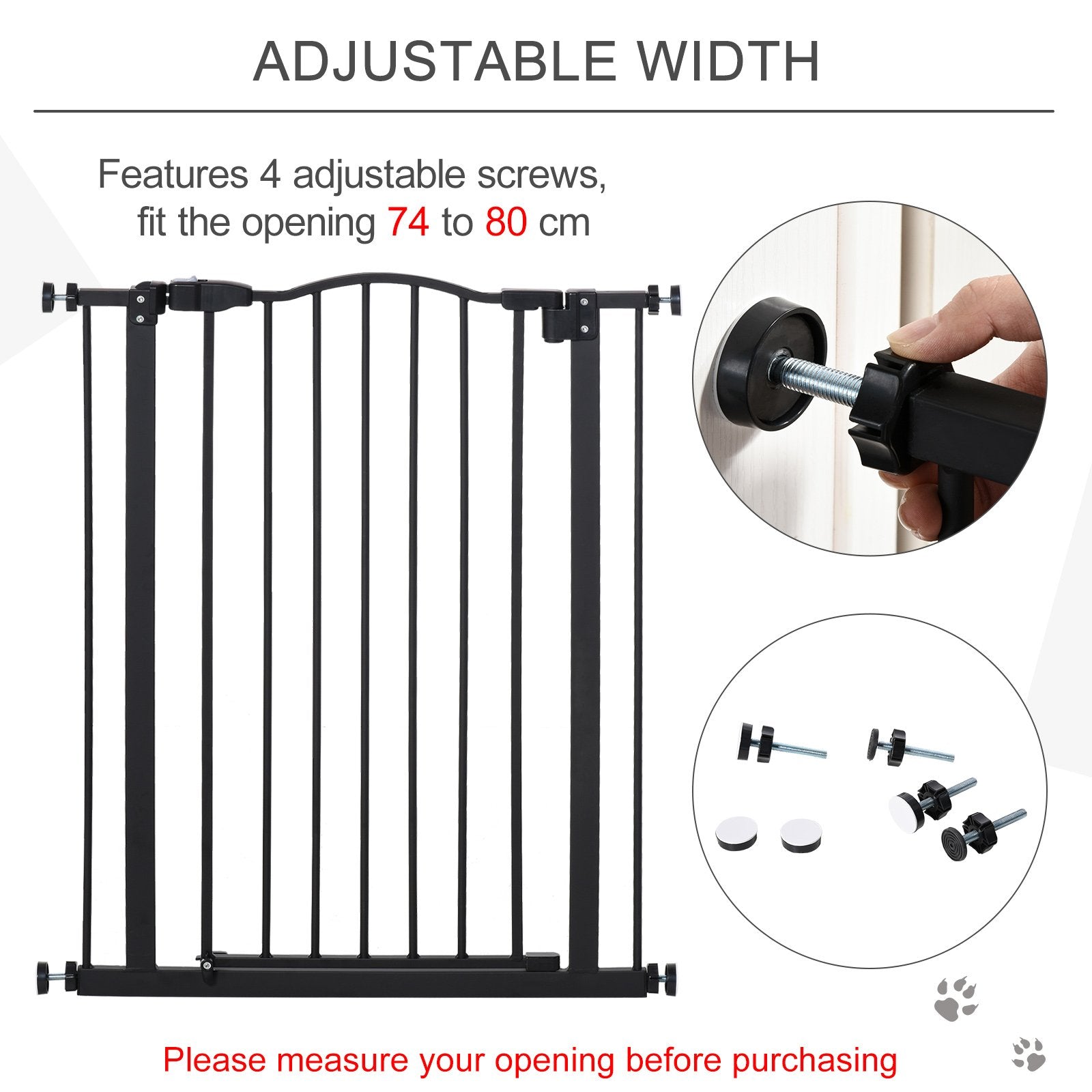 PawHut Dog Gate Pressure Fit Pet Tall Stairs Gate Safety Barrier Auto Close, 94cm Extra Tall, 74 - 80cm Wide, with Double Locking, Black - Baig Merchant