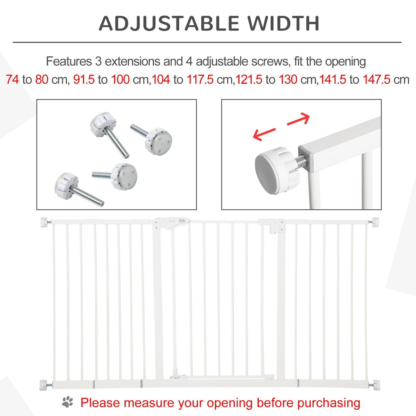 PawHut Dog Gate Stair Gate Pressure Fit Pets Barrier Auto Close for Doorway Hallway, 74 - 148cm Wide Adjustable, White - Baig Merchant