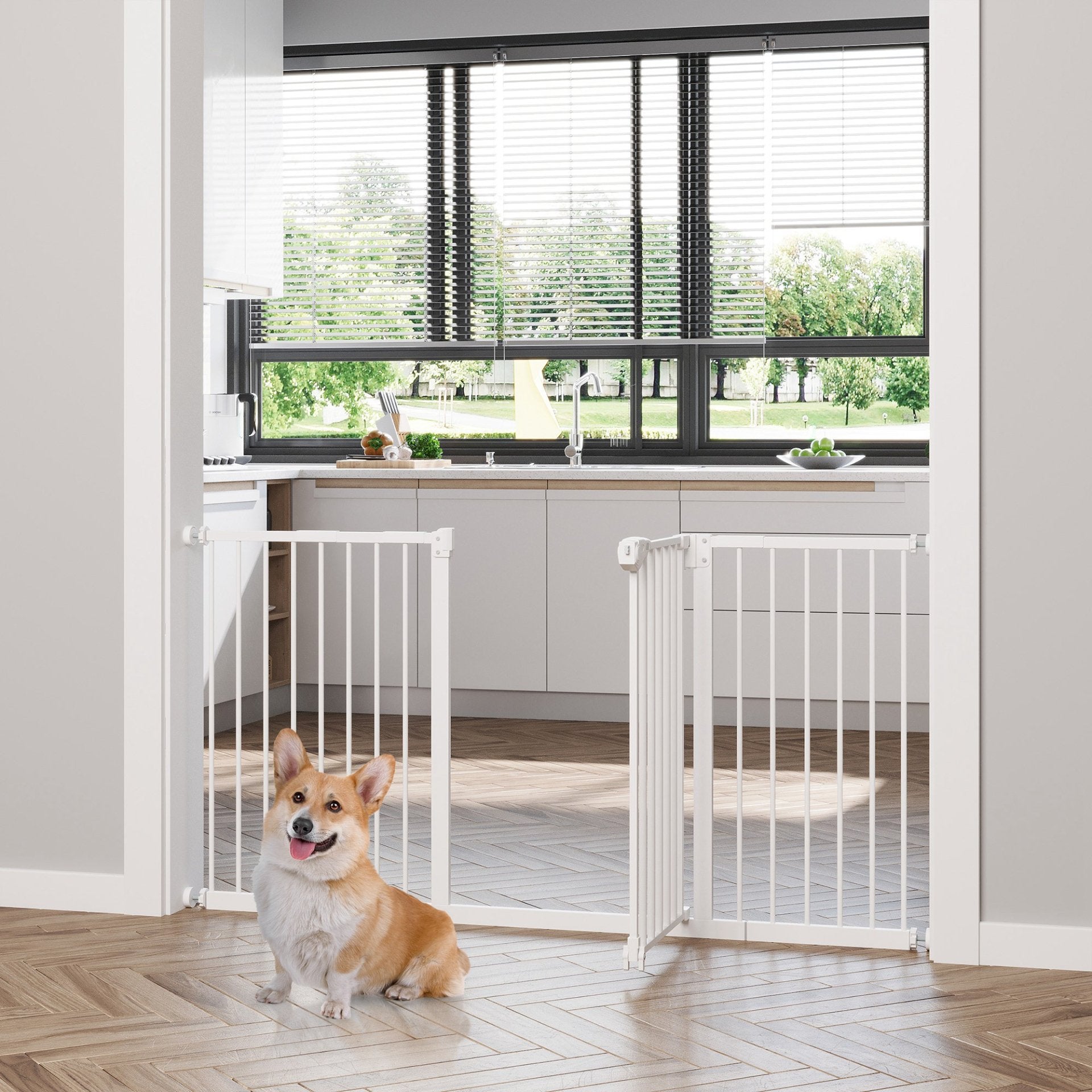 PawHut Dog Gate Stair Gate Pressure Fit Pets Barrier Auto Close for Doorway Hallway, 74 - 148cm Wide Adjustable, White - Baig Merchant