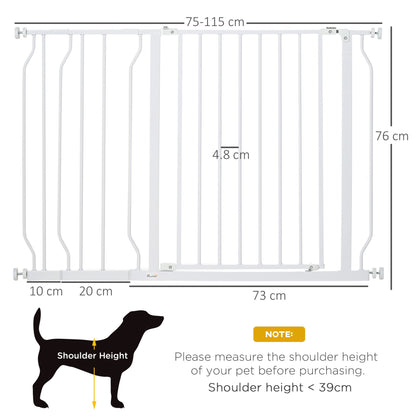 PawHut Dog Gate Wide Stair Gate w/ Door Pressure Fit Pets Barrier for Doorway, Hallway, 76H x 75 - 115W cm - White - Baig Merchant