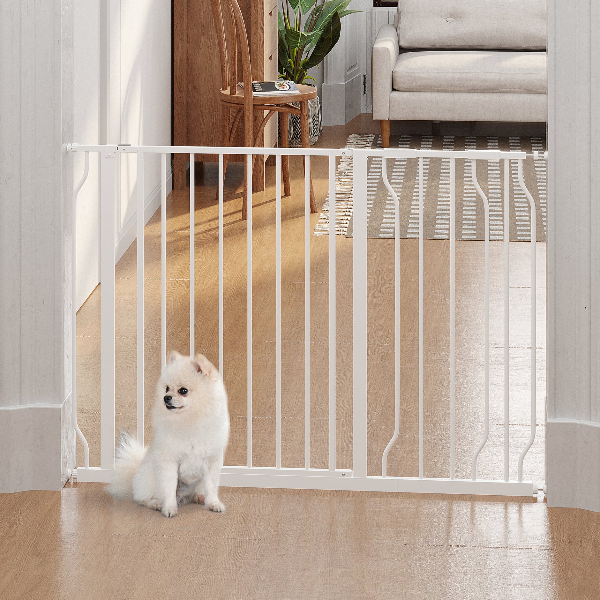 PawHut Dog Gate Wide Stair Gate w/ Door Pressure Fit Pets Barrier for Doorway, Hallway, 76H x 75 - 115W cm - White - Baig Merchant