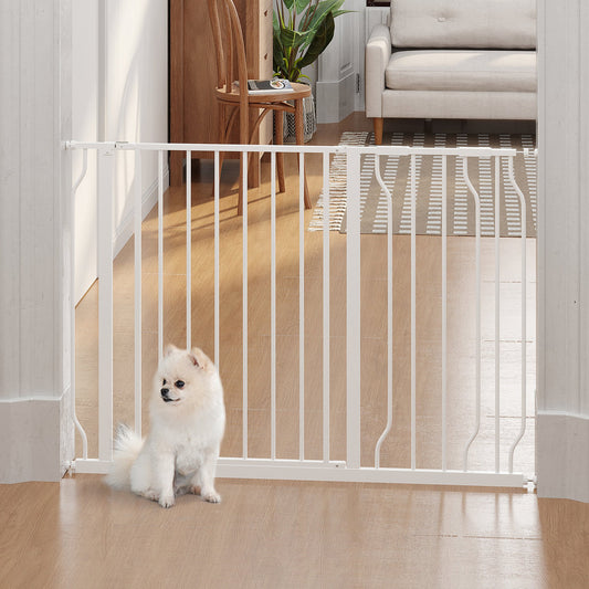 PawHut Dog Gate Wide Stair Gate w/ Door Pressure Fit Pets Barrier for Doorway, Hallway, 76H x 75 - 115W cm - White - Baig Merchant