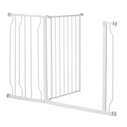 PawHut Dog Gate Wide Stair Gate w/ Door Pressure Fit Pets Barrier for Doorway, Hallway, 76H x 75 - 115W cm - White - Baig Merchant