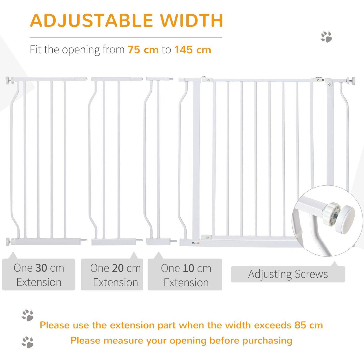 PawHut Dog Gate Wide Stair Gate w/ Door Pressure Fit Pets Barrier - White - Baig Merchant