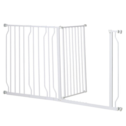 PawHut Dog Gate Wide Stair Gate w/ Door Pressure Fit Pets Barrier - White - Baig Merchant