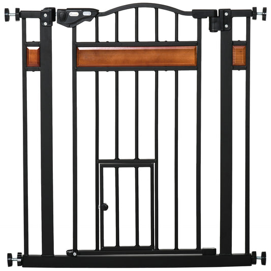 PawHut Dog Gate with Cat Flap Pet Safety Gate, Auto Close Double Locking Pine Wood Decoration, for Doorways Stairs Indoor, 74 - 80 cm Wide, Black - Baig Merchant