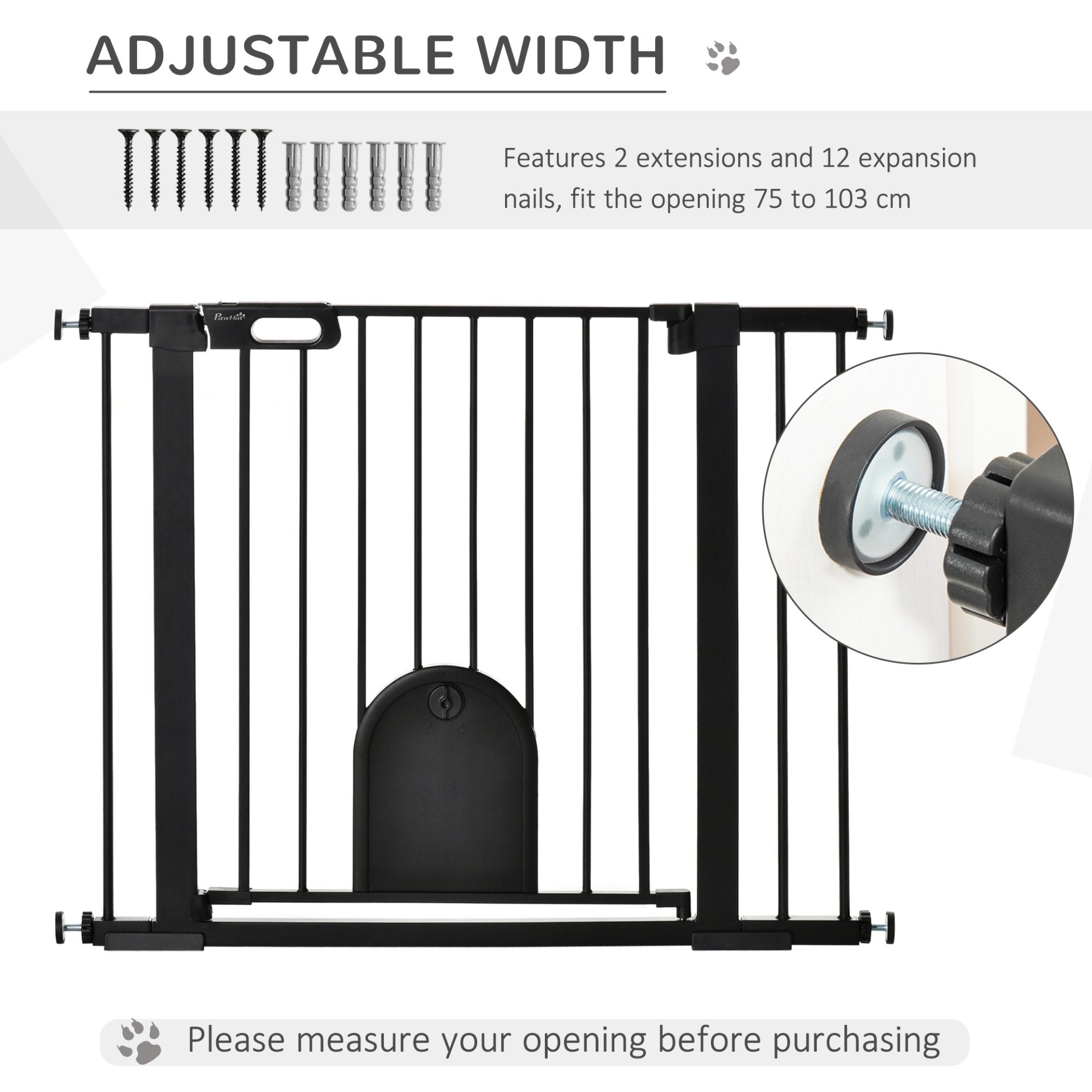 PawHut Dog Gate with Cat Flap Pet Safety Gate Barrier, Stair Pressure Fit, Auto Close, Double Locking, for Doorways, Hallways, 75 - 103 cm Black - Baig Merchant