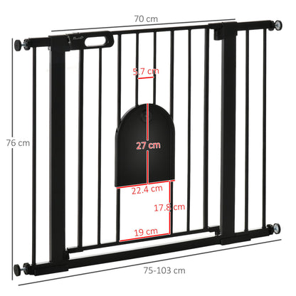 PawHut Dog Gate with Cat Flap Pet Safety Gate Barrier, Stair Pressure Fit, Auto Close, Double Locking, for Doorways, Hallways, 75 - 103 cm Black - Baig Merchant