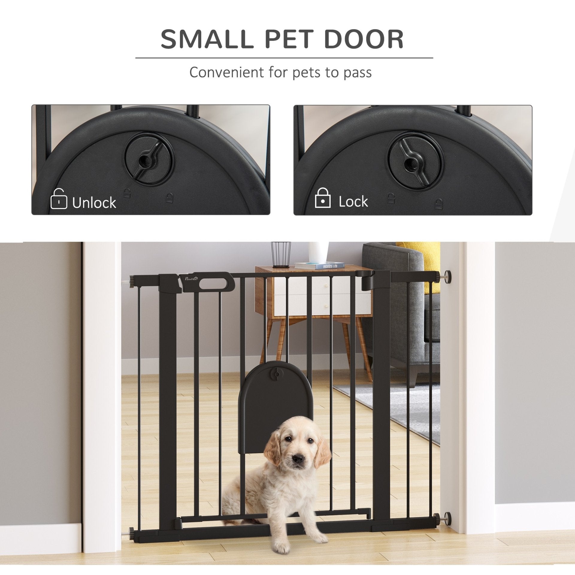 PawHut Dog Gate with Cat Flap Pet Safety Gate Barrier, Stair Pressure Fit, Auto Close, Double Locking, for Doorways, Hallways, 75 - 103 cm Black - Baig Merchant