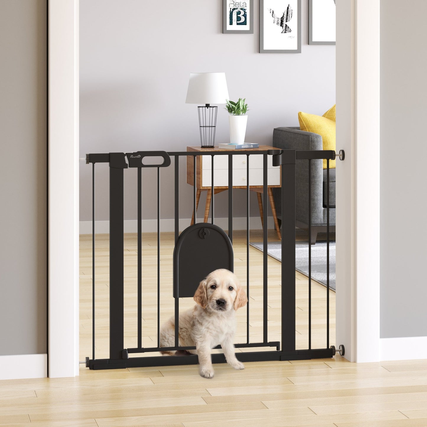 PawHut Dog Gate with Cat Flap Pet Safety Gate Barrier, Stair Pressure Fit, Auto Close, Double Locking, for Doorways, Hallways, 75 - 103 cm Black - Baig Merchant