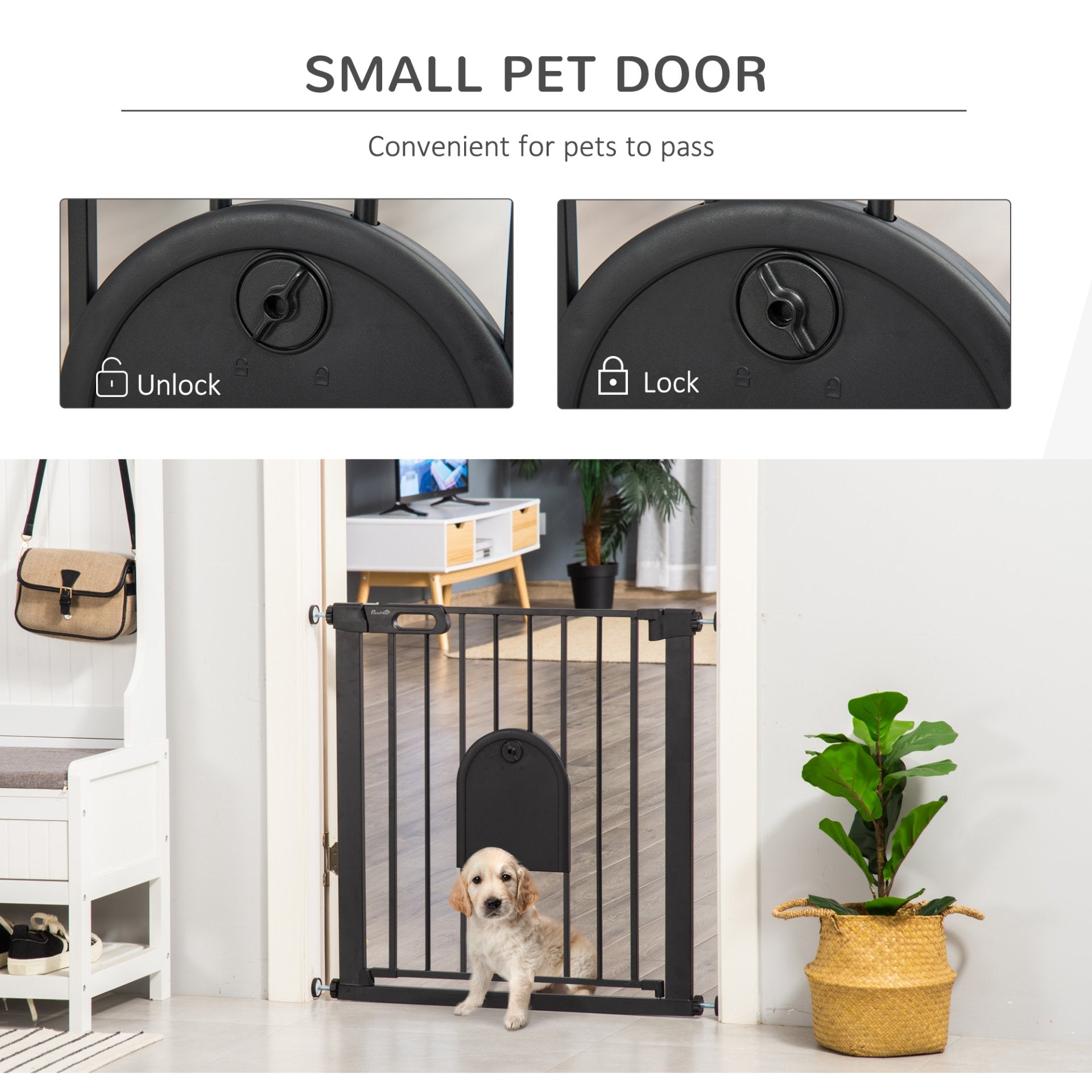 PawHut Dog Gate with Cat Flap Pet Safety Gate Barrier, Stair Pressure Fit, Auto Close, Double Locking, for Doorways, Hallways, 75 - 82 cm Black - Baig Merchant