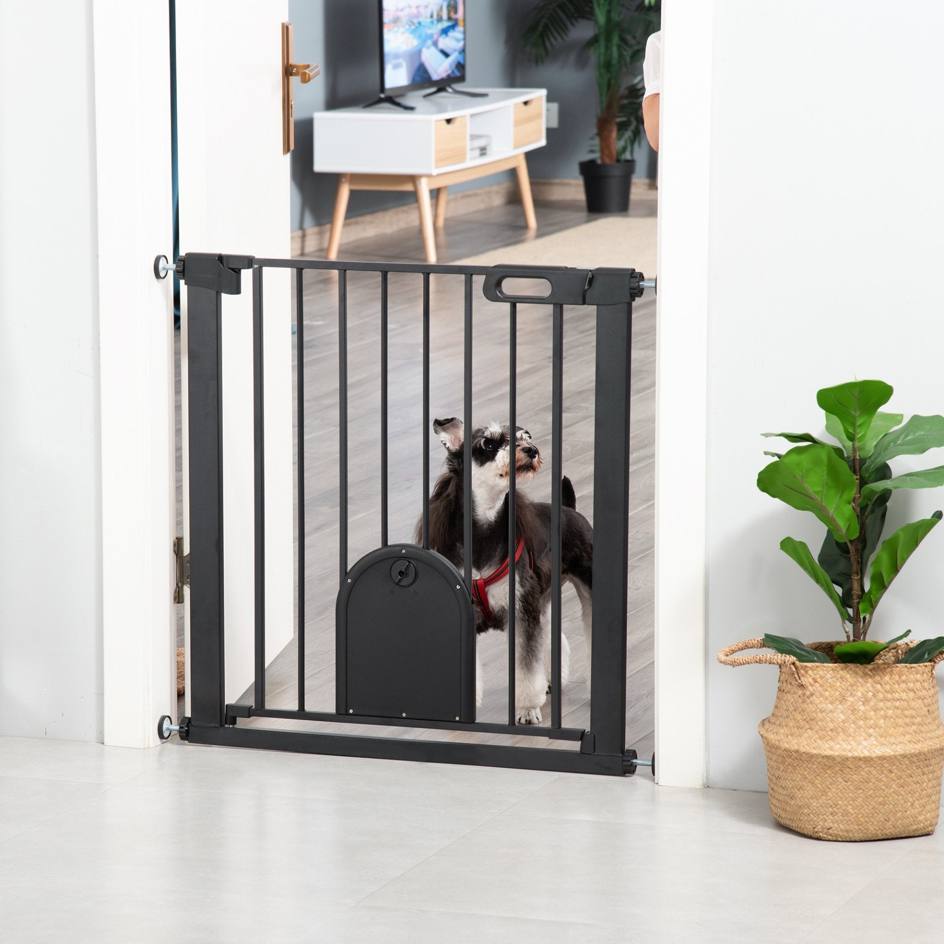 PawHut Dog Gate with Cat Flap Pet Safety Gate Barrier, Stair Pressure Fit, Auto Close, Double Locking, for Doorways, Hallways, 75 - 82 cm Black - Baig Merchant