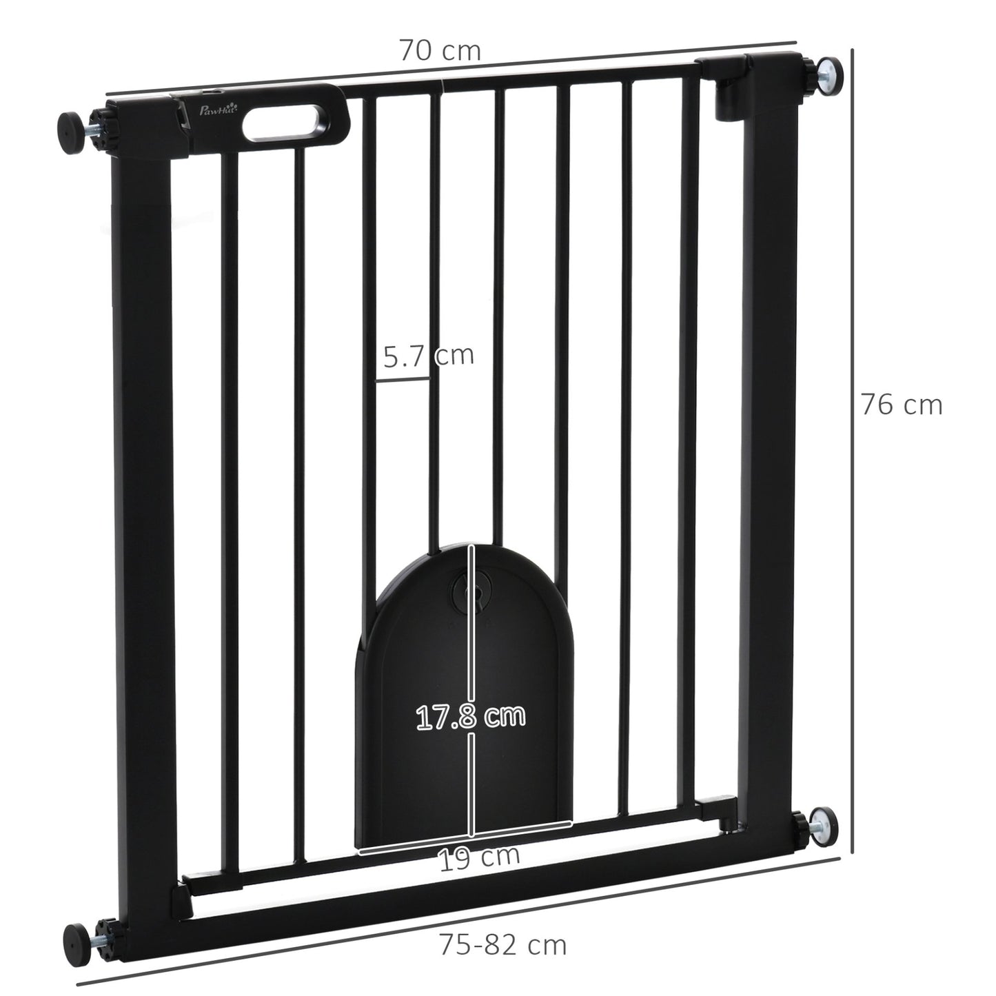 PawHut Dog Gate with Cat Flap Pet Safety Gate Barrier, Stair Pressure Fit, Auto Close, Double Locking, for Doorways, Hallways, 75 - 82 cm Black - Baig Merchant