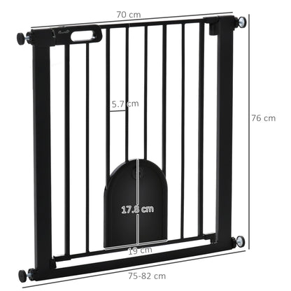 PawHut Dog Gate with Cat Flap Pet Safety Gate Barrier, Stair Pressure Fit, Auto Close, Double Locking, for Doorways, Hallways, 75 - 82 cm Black - Baig Merchant