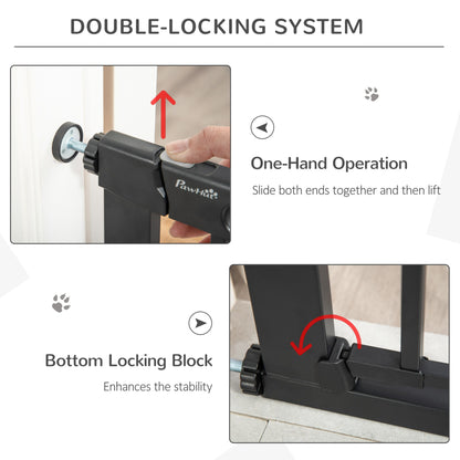 PawHut Dog Gate with Cat Flap Pet Safety Gate Barrier, Stair Pressure Fit, Auto Close, Double Locking, for Doorways, Hallways, 75 - 82 cm Black - Baig Merchant