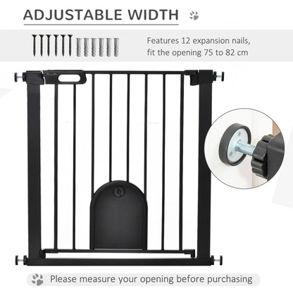 PawHut Dog Gate with Cat Flap Pet Safety Gate Barrier, Stair Pressure Fit, Auto Close, Double Locking, for Doorways, Hallways, 75 - 82 cm Black - Baig Merchant