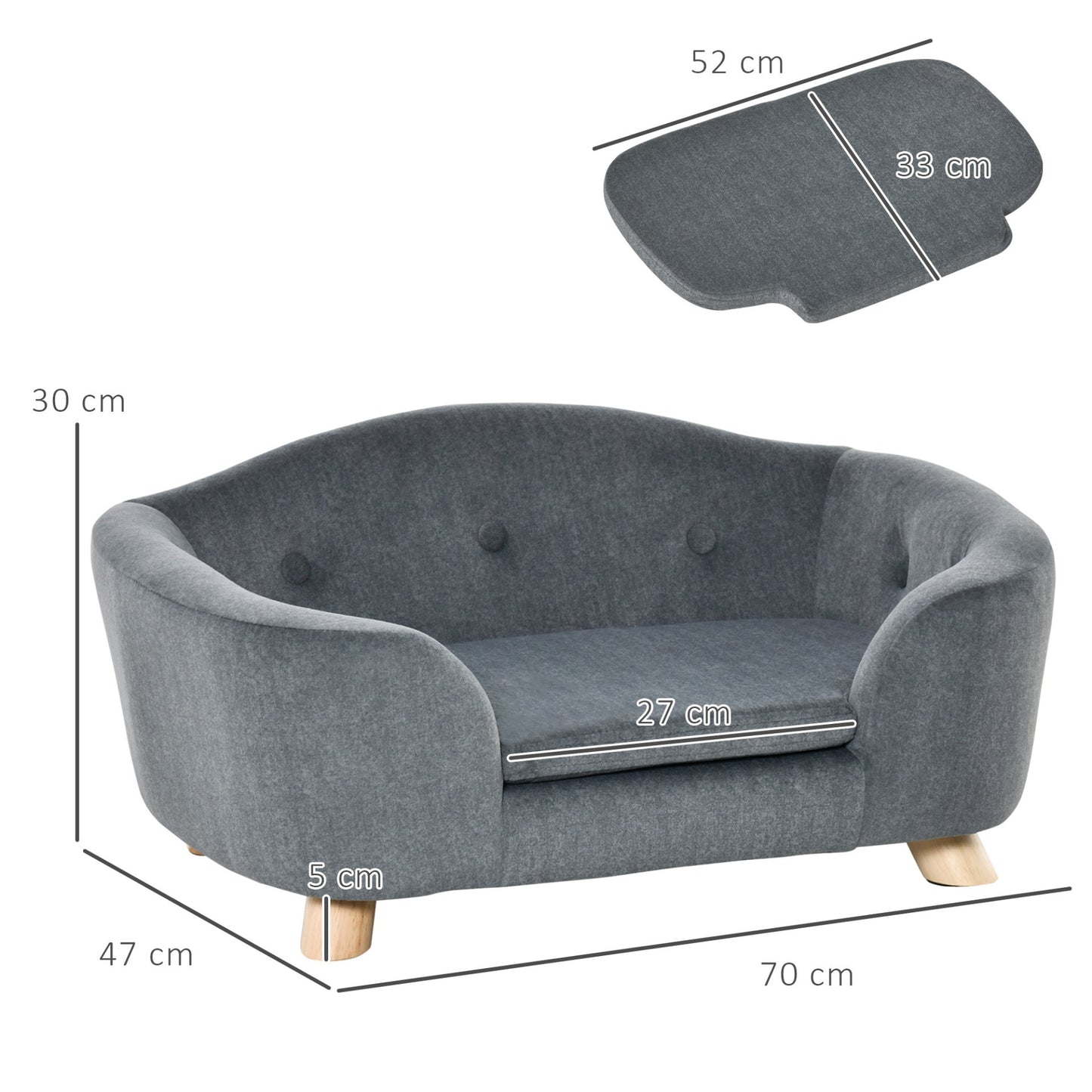 PawHut Dog Sofa Bed Pet Chair Couch with Water Resistant Fabric, Kitten Lounge with Soft Cushion Washable Cover, Wooden Frame for Mini Size Dogs - Grey - Baig Merchant