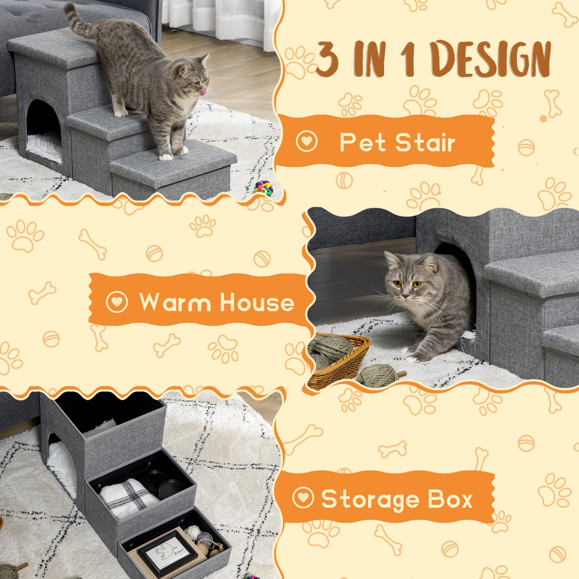 PawHut Dog Steps for Bed, 3 Step Pet Stairs with Kitten House and 2 Storage Boxes, 3 in 1 Dog Ramp for Sofa with Washable Plush Cushion, Light Grey - Baig Merchant