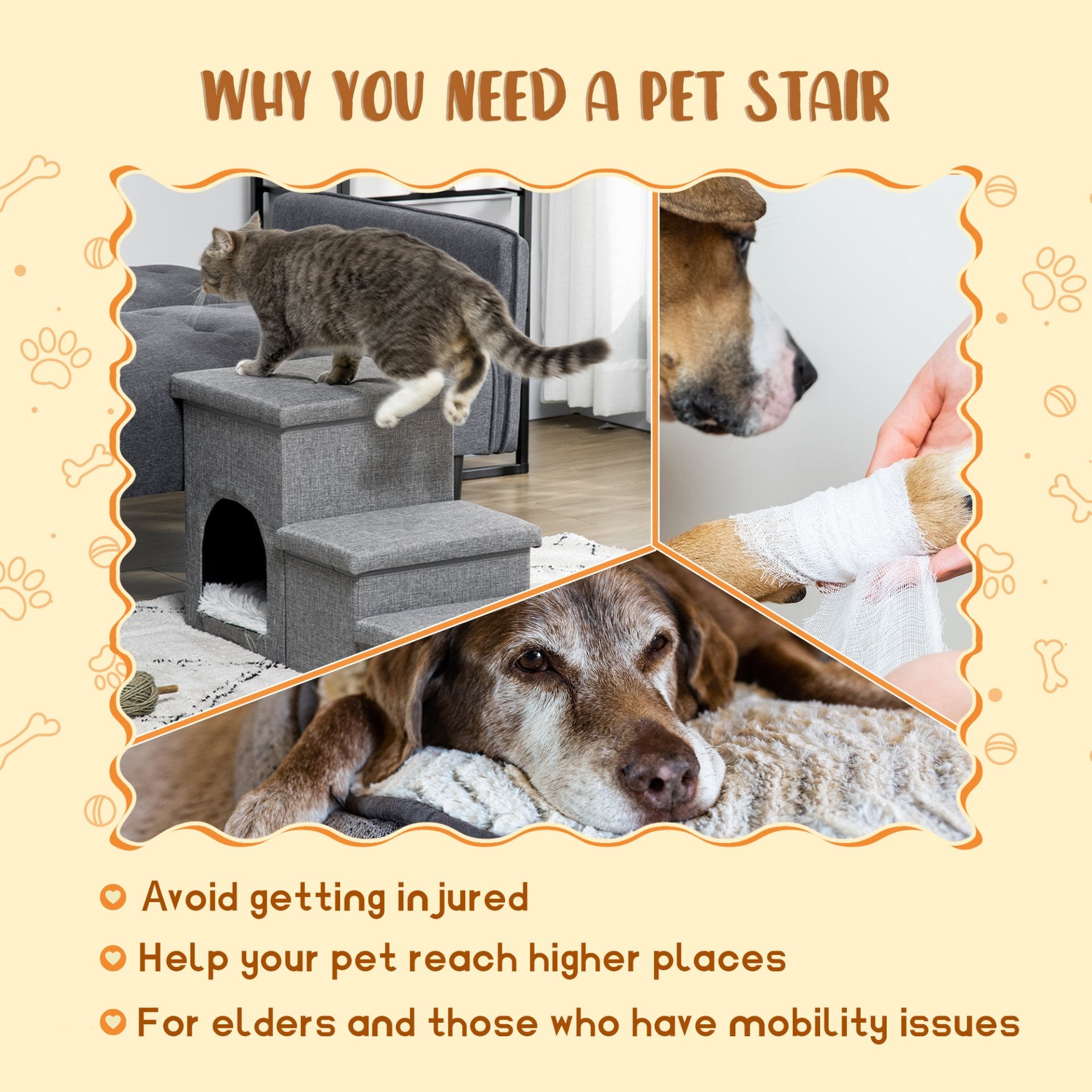 PawHut Dog Steps for Bed, 3 Step Pet Stairs with Kitten House and 2 Storage Boxes, 3 in 1 Dog Ramp for Sofa with Washable Plush Cushion, Light Grey - Baig Merchant