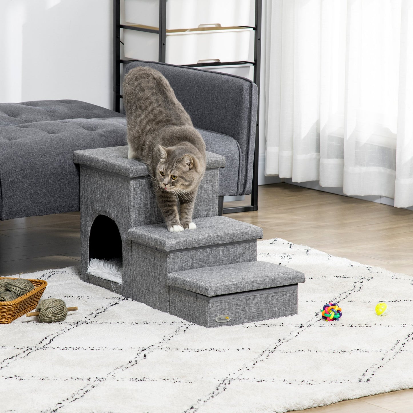 PawHut Dog Steps for Bed, 3 Step Pet Stairs with Kitten House and 2 Storage Boxes, 3 in 1 Dog Ramp for Sofa with Washable Plush Cushion, Light Grey - Baig Merchant