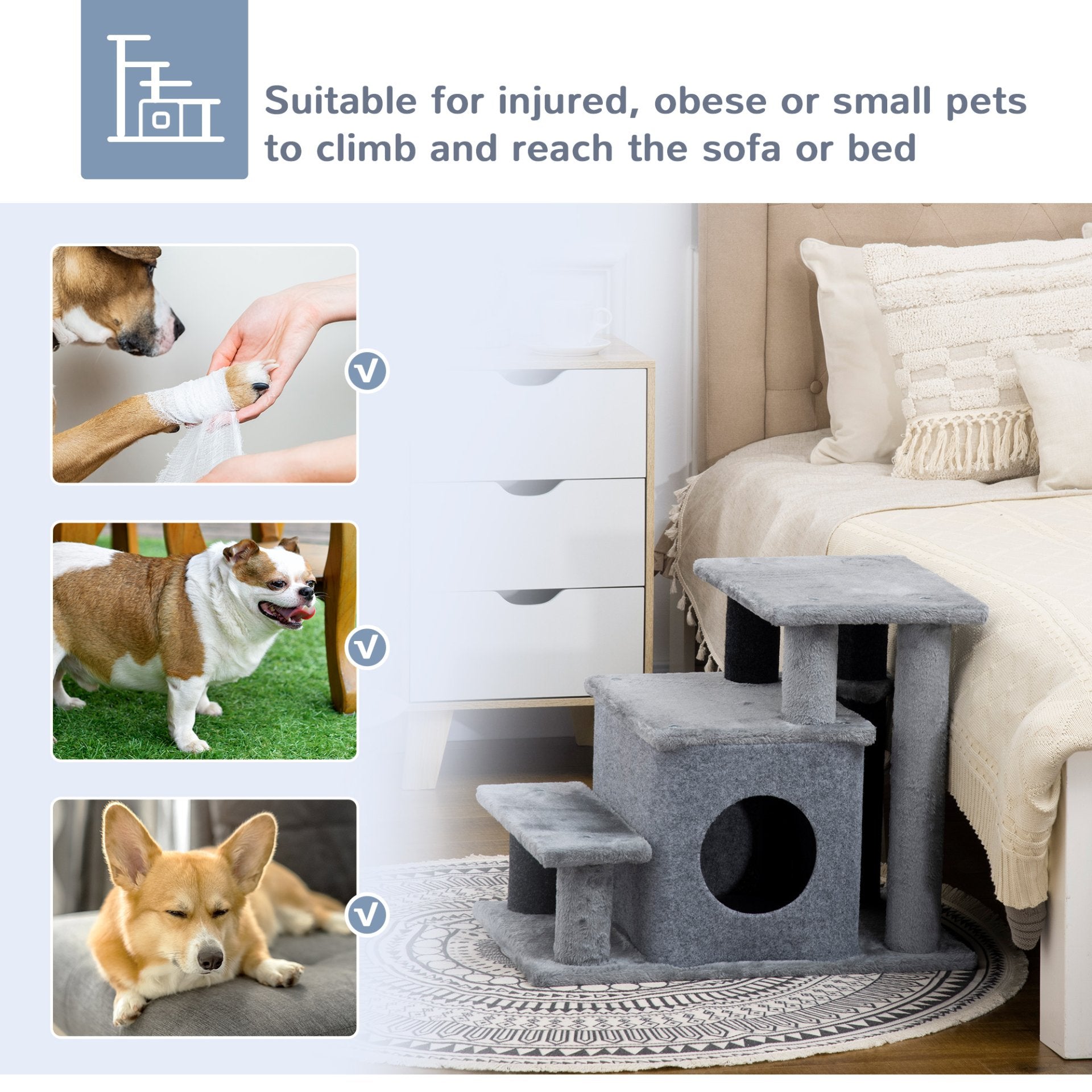 PawHut Dog Steps for Bed 4 Step Pet Stairs Cat House with Detachable Cover, Cat ladder for Sofa w/ Hanging Balls - Grey - Baig Merchant