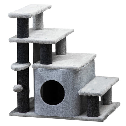 PawHut Dog Steps for Bed 4 Step Pet Stairs Cat House with Detachable Cover, Cat ladder for Sofa w/ Hanging Balls - Grey - Baig Merchant