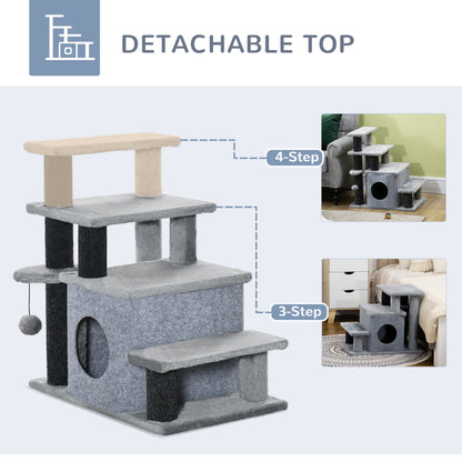 PawHut Dog Steps for Bed 4 Step Pet Stairs Cat House with Detachable Cover, Cat ladder for Sofa w/ Hanging Balls - Grey - Baig Merchant