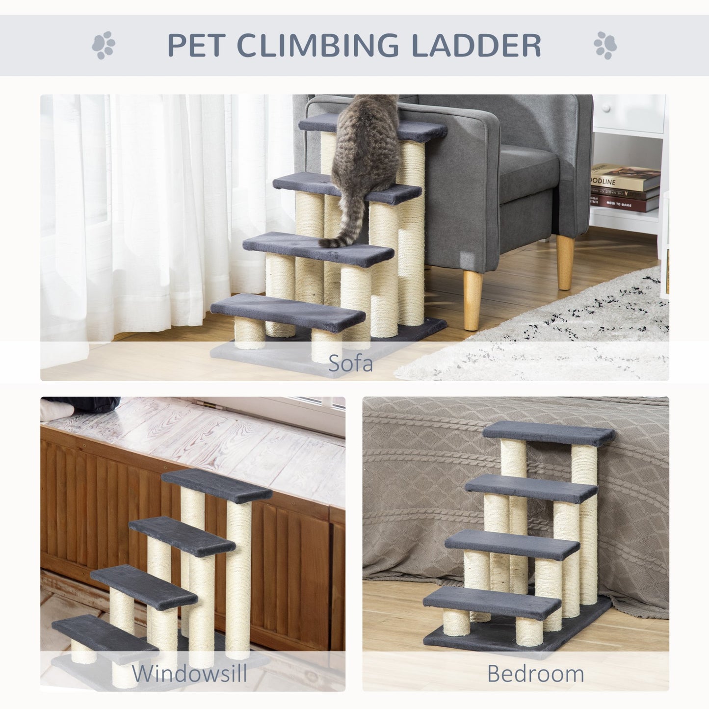 PawHut Dog Steps for Bed 4 Step Pet Stairs for Dog Cat ladder Scratch Post Grey - Baig Merchant