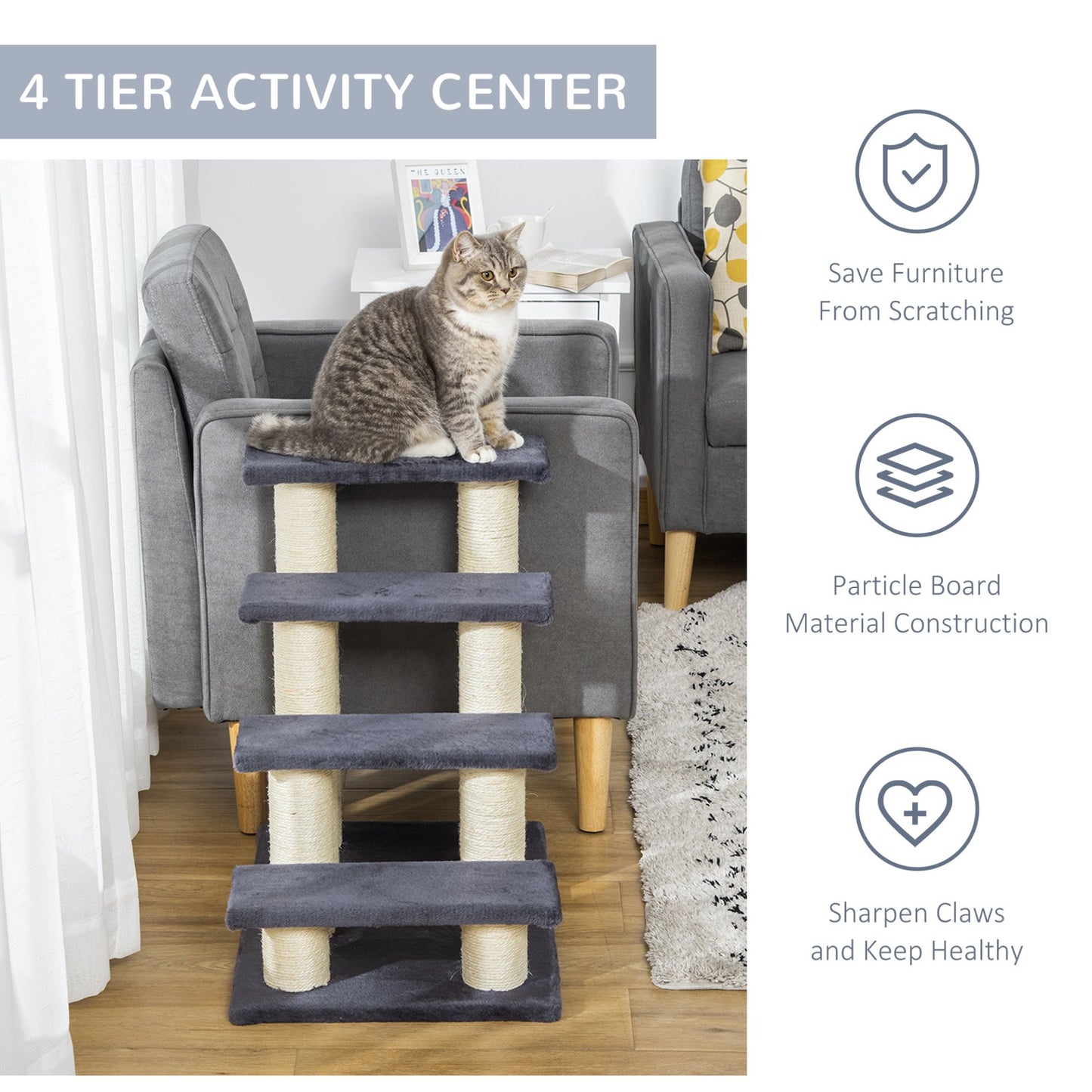 PawHut Dog Steps for Bed 4 Step Pet Stairs for Dog Cat ladder Scratch Post Grey - Baig Merchant