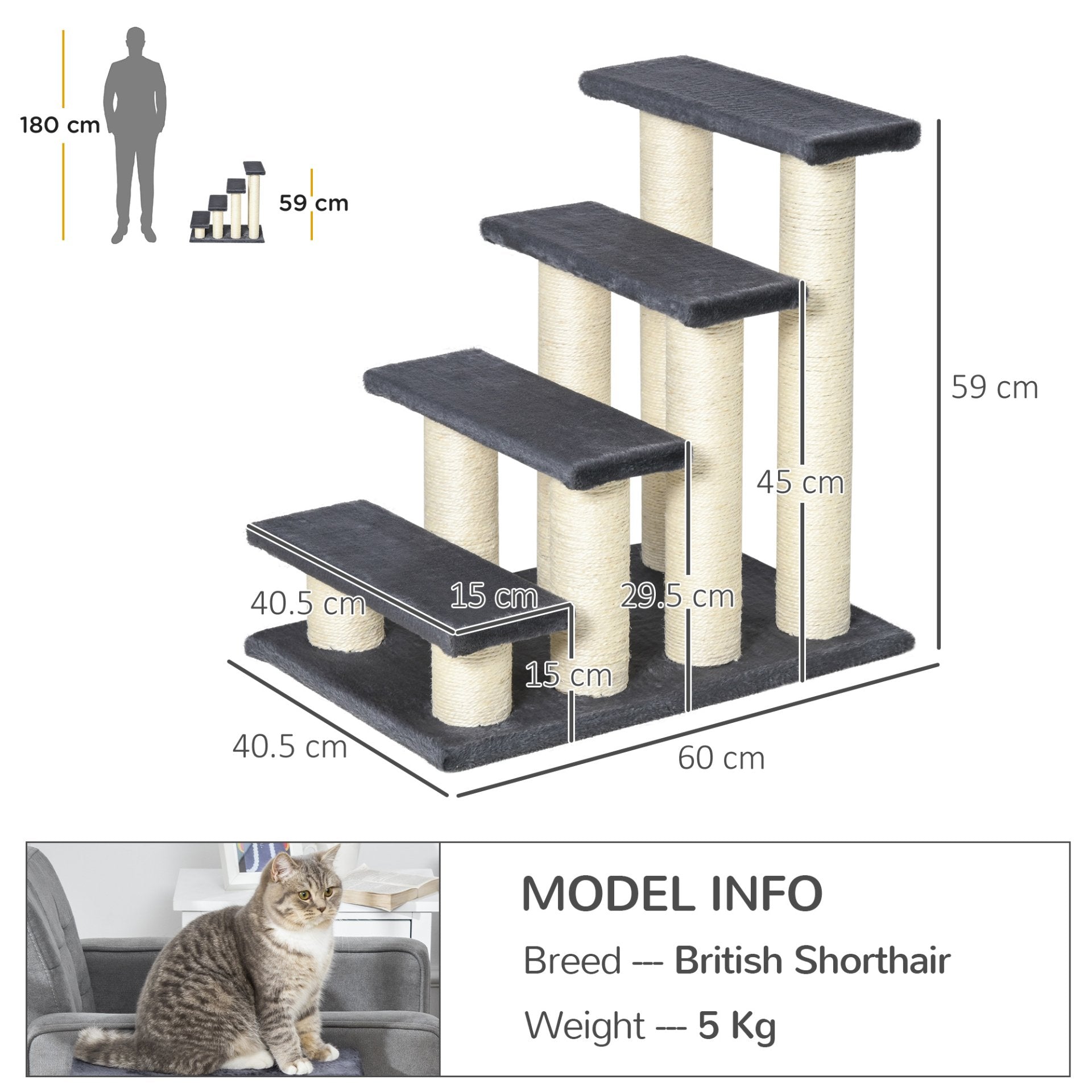 PawHut Dog Steps for Bed 4 Step Pet Stairs for Dog Cat ladder Scratch Post Grey - Baig Merchant