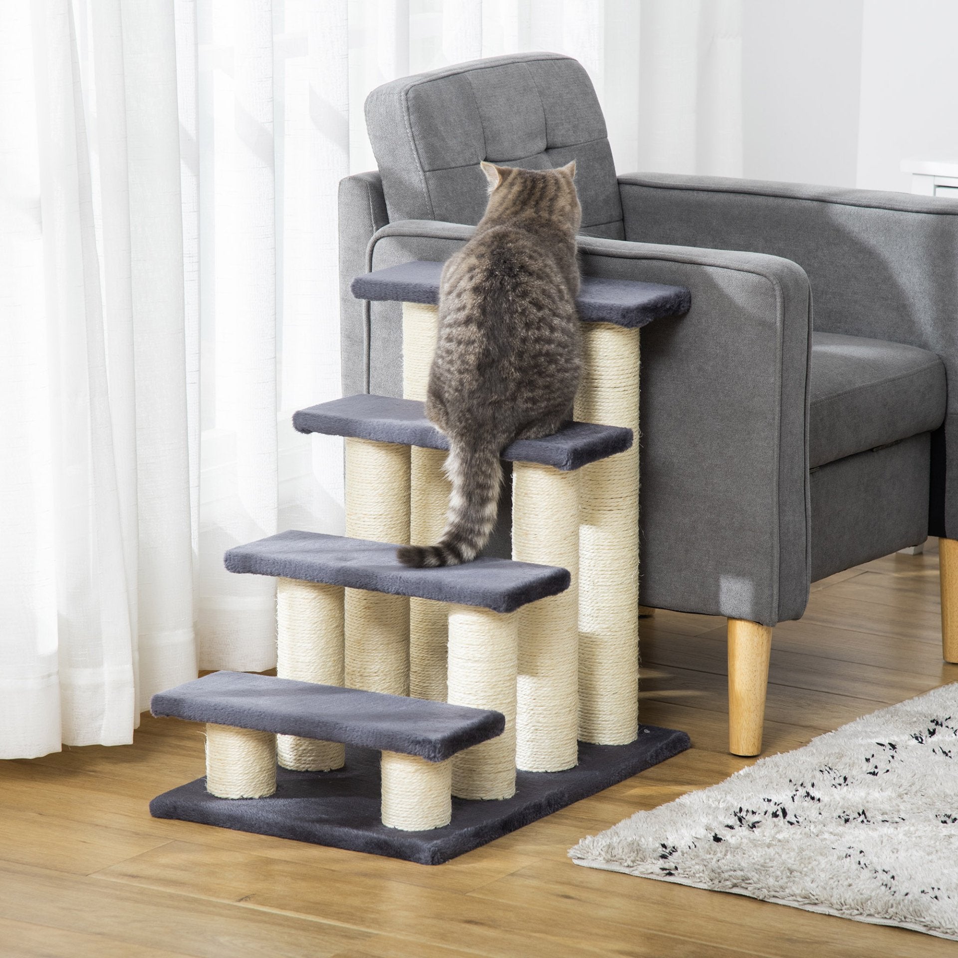 PawHut Dog Steps for Bed 4 Step Pet Stairs for Dog Cat ladder Scratch Post Grey - Baig Merchant