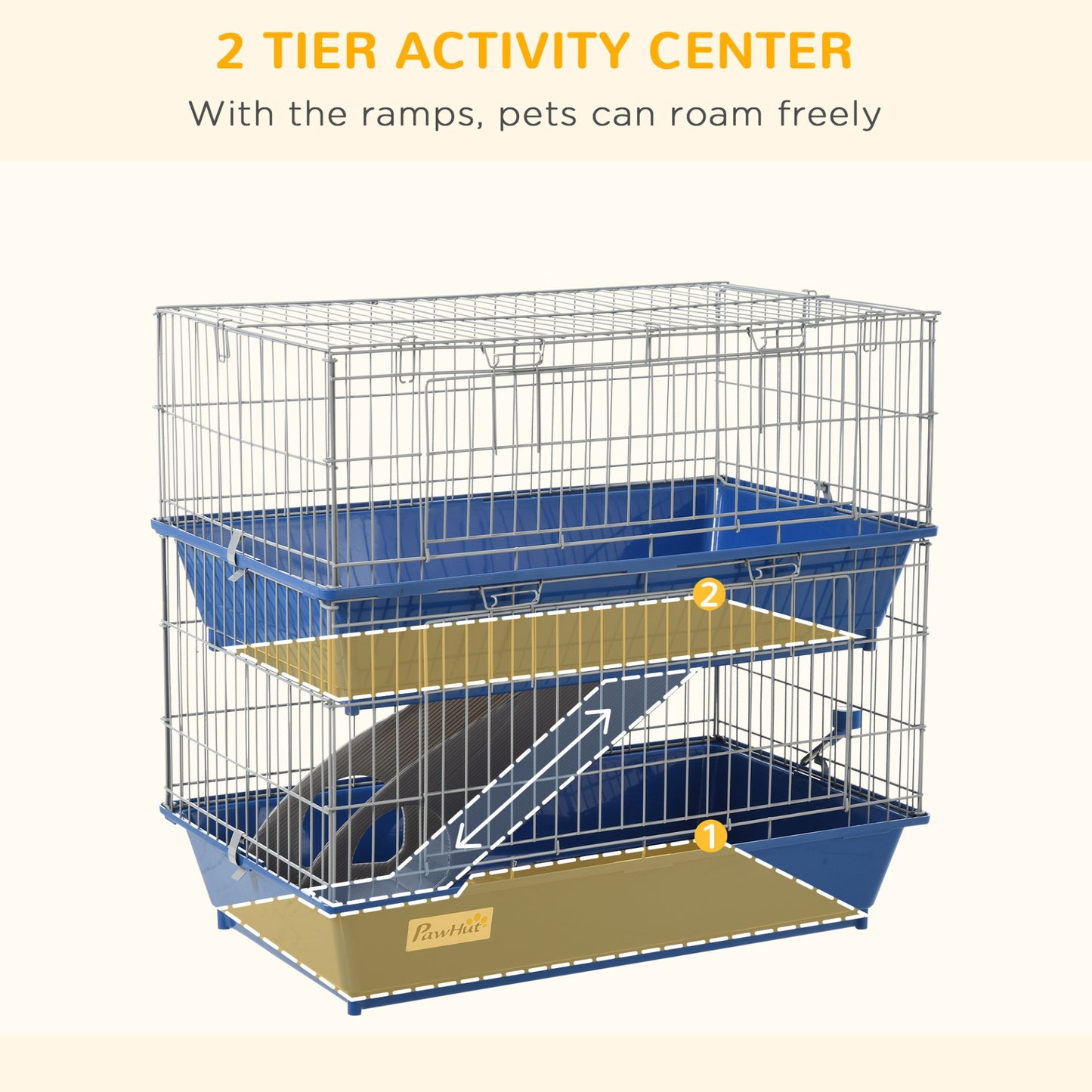 PawHut Double Tier Small Animal Cage Rabbit Chinchillas Cage w/ Ramp Food Dish Water Bottle Deep Trays Pet Home 72 x 44 x 67 cm - Baig Merchant