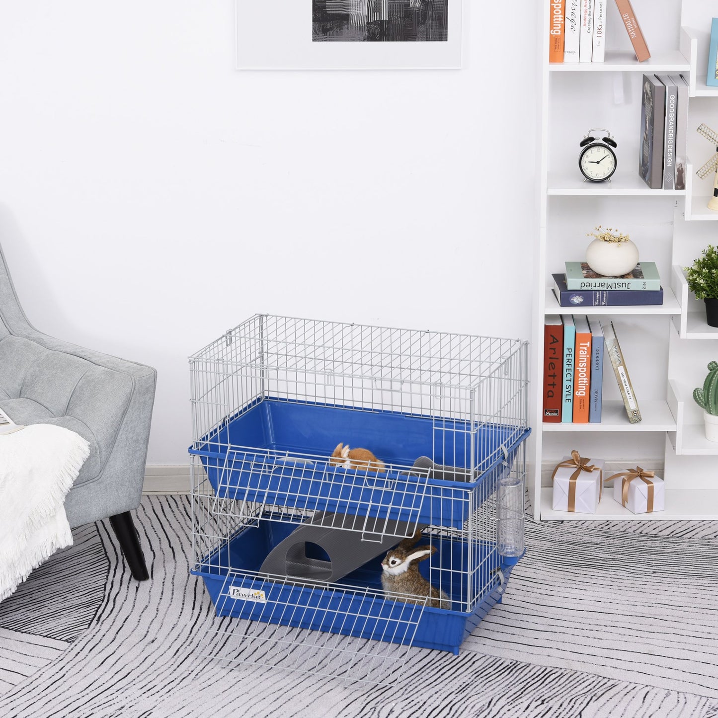 PawHut Double Tier Small Animal Cage Rabbit Chinchillas Cage w/ Ramp Food Dish Water Bottle Deep Trays Pet Home 72 x 44 x 67 cm - Baig Merchant