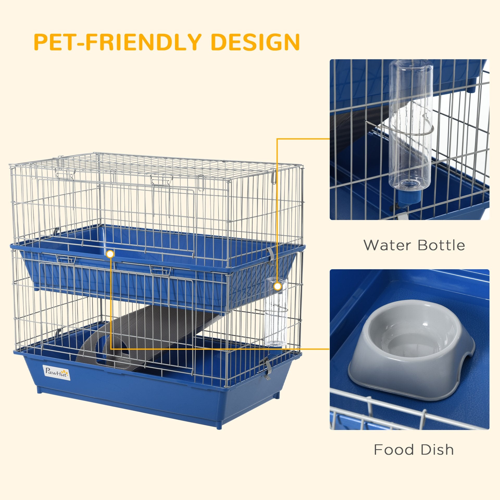 PawHut Double Tier Small Animal Cage Rabbit Chinchillas Cage w/ Ramp Food Dish Water Bottle Deep Trays Pet Home 72 x 44 x 67 cm - Baig Merchant