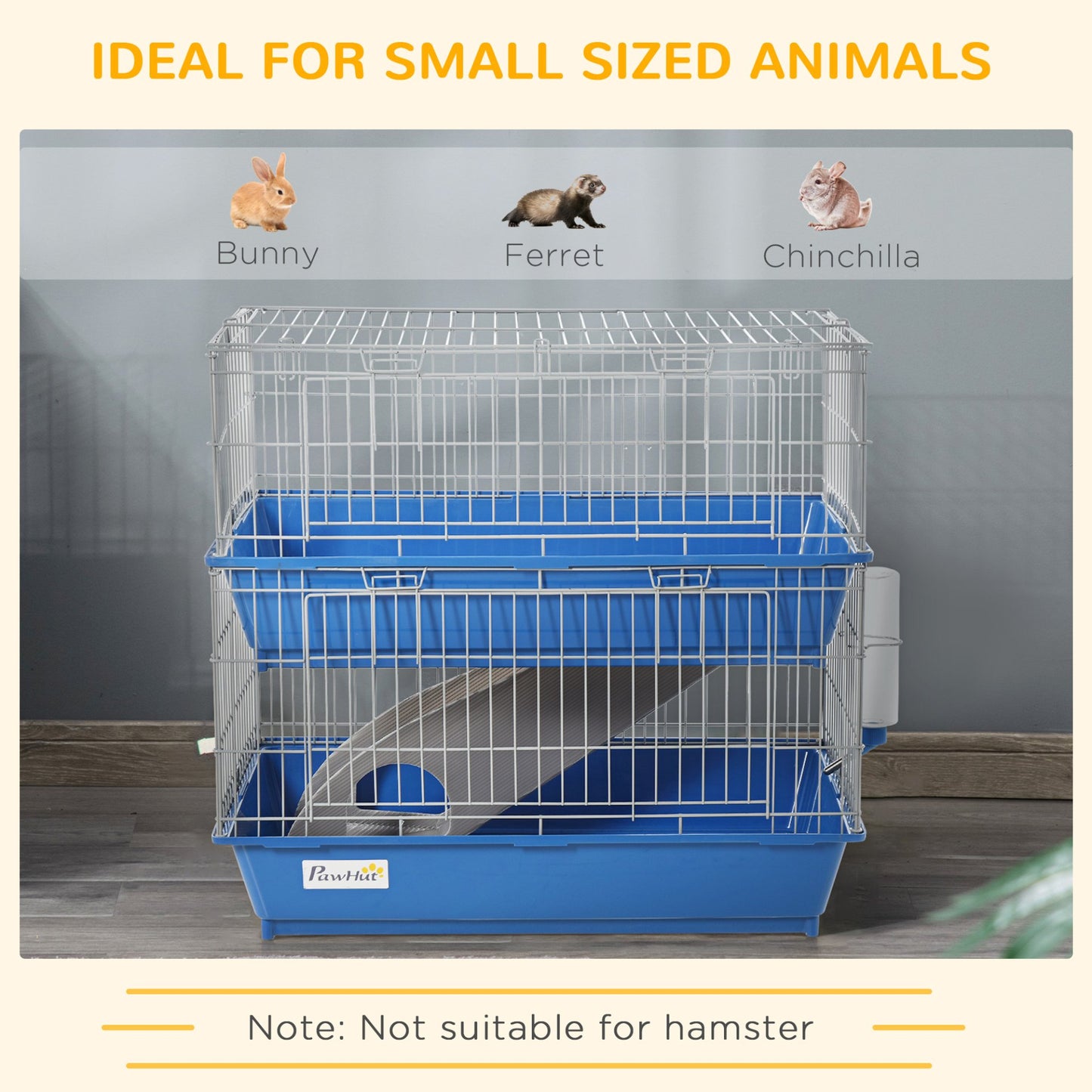 PawHut Double Tier Small Animal Cage Rabbit Chinchillas Cage w/ Ramp Food Dish Water Bottle Deep Trays Pet Home 72 x 44 x 67 cm - Baig Merchant