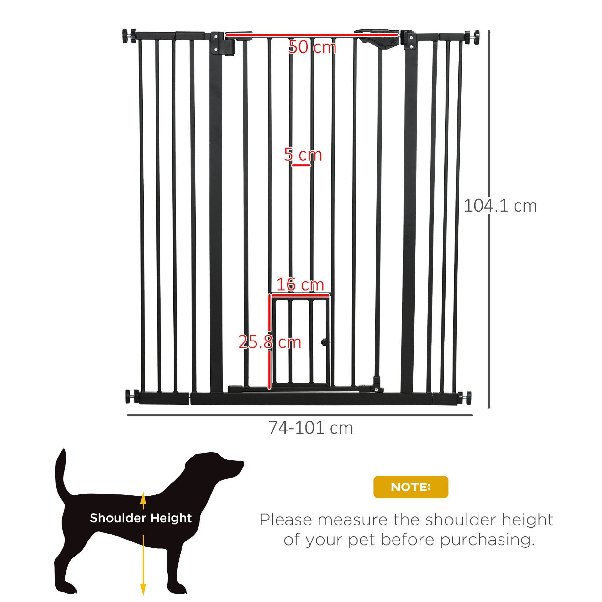 PawHut Extra Tall Dog Gate with Cat Flap, Pet Safety Gate for Doorways Stairs with Auto Close Double Locking, 104 cm Tall 74 - 101 cm Wide, Black - Baig Merchant