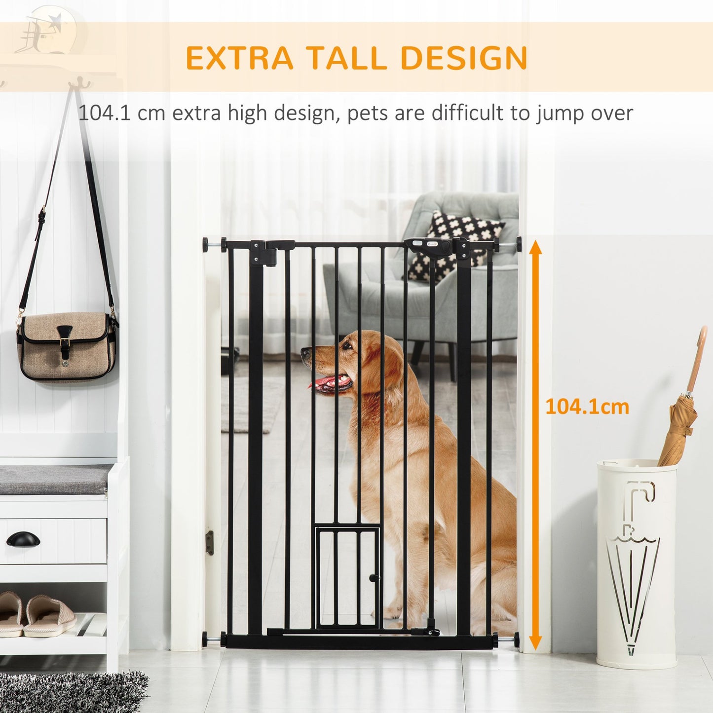 PawHut Extra Tall Dog Gate with Cat Flap, Pet Safety Gate for Doorways Stairs with Auto Close Double Locking, 104 cm Tall 74 - 101 cm Wide, Black - Baig Merchant