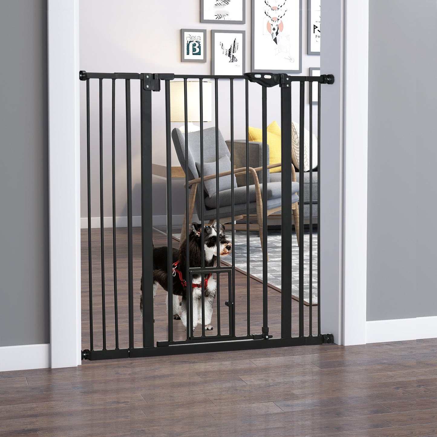 PawHut Extra Tall Dog Gate with Cat Flap, Pet Safety Gate for Doorways Stairs with Auto Close Double Locking, 104 cm Tall 74 - 101 cm Wide, Black - Baig Merchant