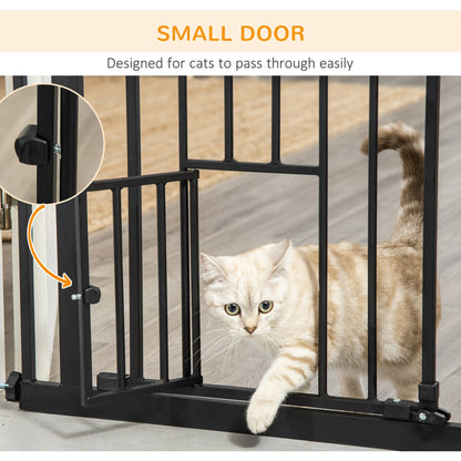 PawHut Extra Tall Dog Gate with Cat Flap, Pet Safety Gate for Doorways Stairs with Auto Close Double Locking, 104 cm Tall 74 - 101 cm Wide, Black - Baig Merchant